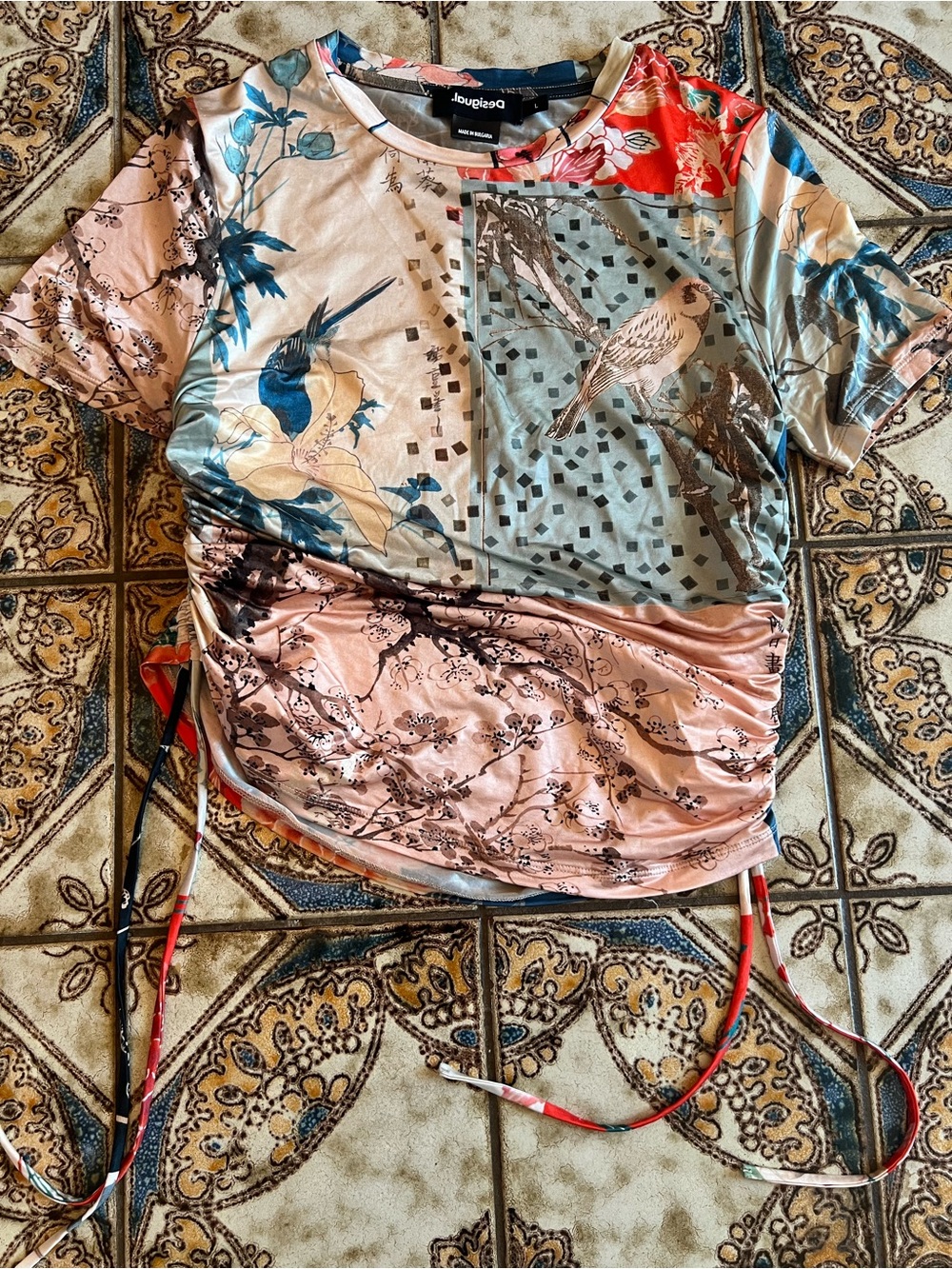 Desigual Floral & Bird Print Drawstring Tee slinky stretchy chic boho farm rio - Picture 5 of 7